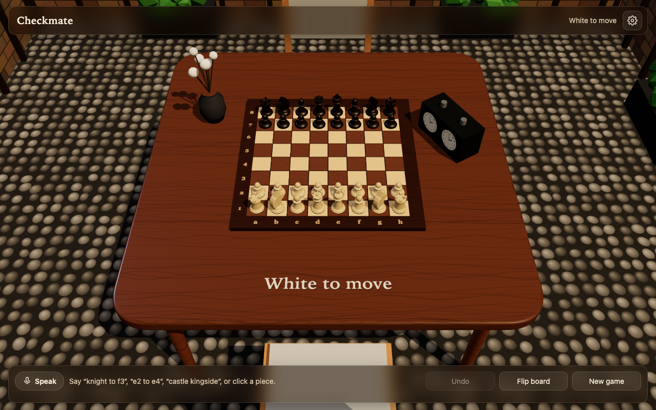 Checkmate 3D wooden chess board with Staunton pieces and ambient park setting
