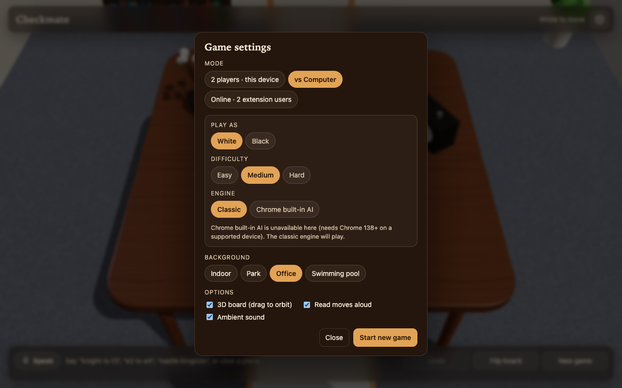 Checkmate game mode selector showing local pass-and-play, AI computer bot, and peer-to-peer