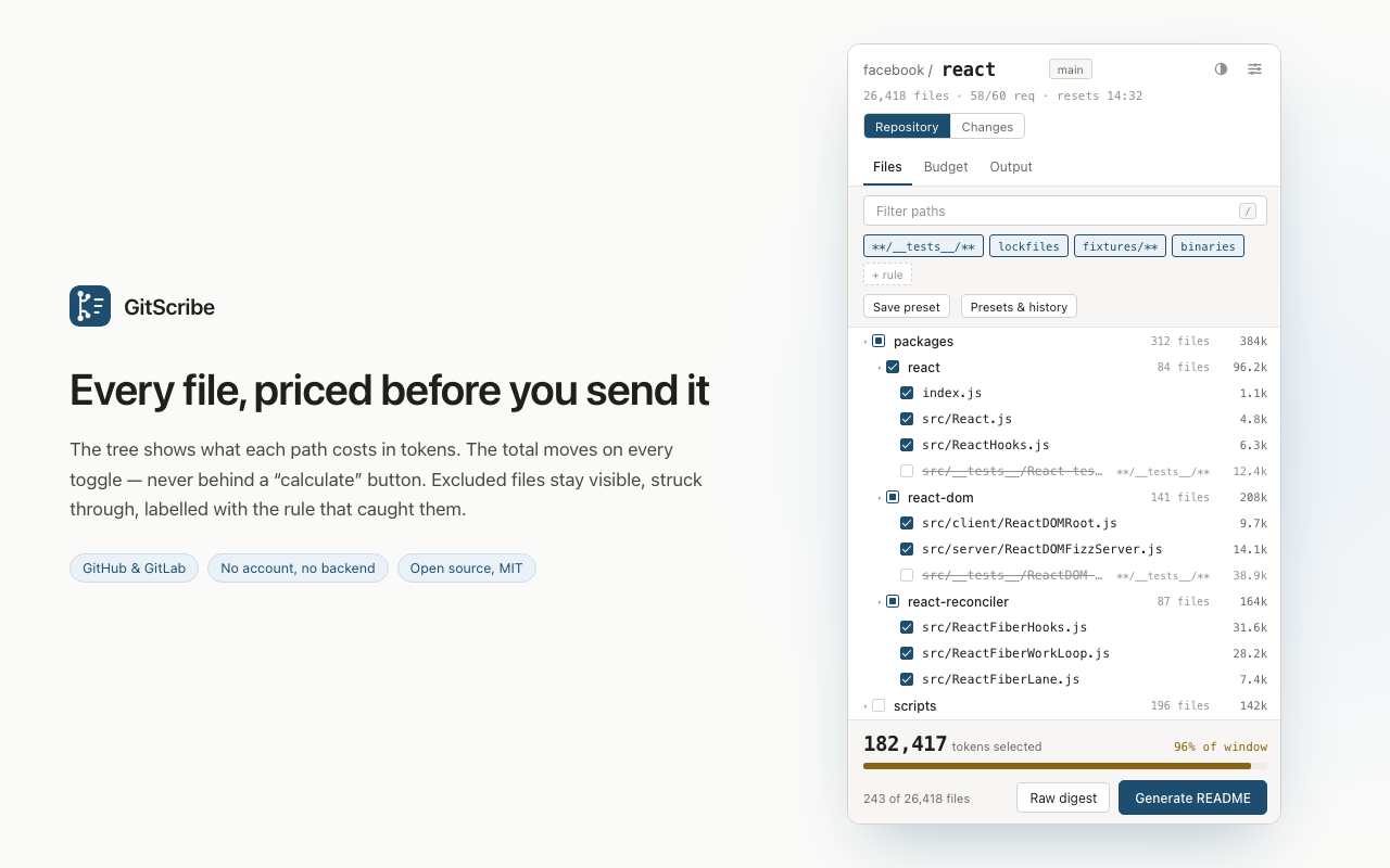 GitScribe repository tree and PR range selection with rate limit counter