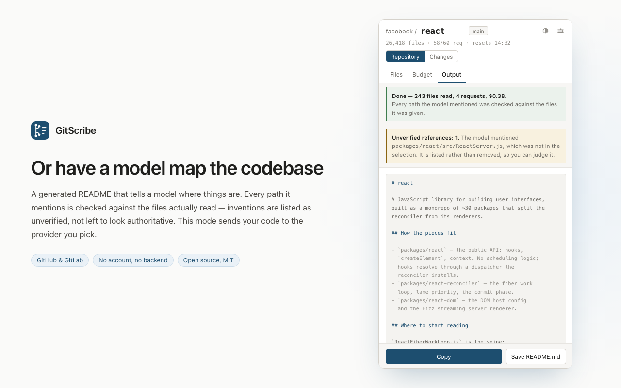 GitScribe multi-format digest export options including Markdown, XML, and JSON