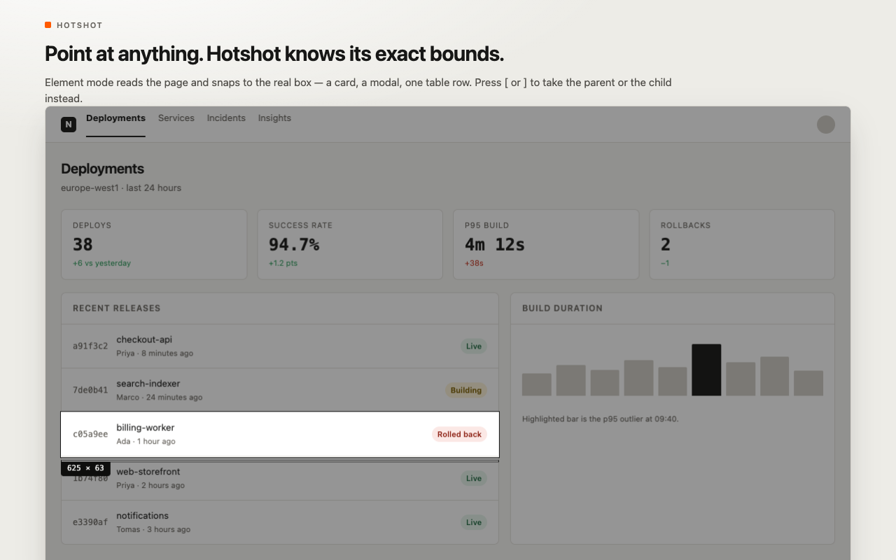 Hotshot smart element snapping to exact DOM bounds with parent child navigation