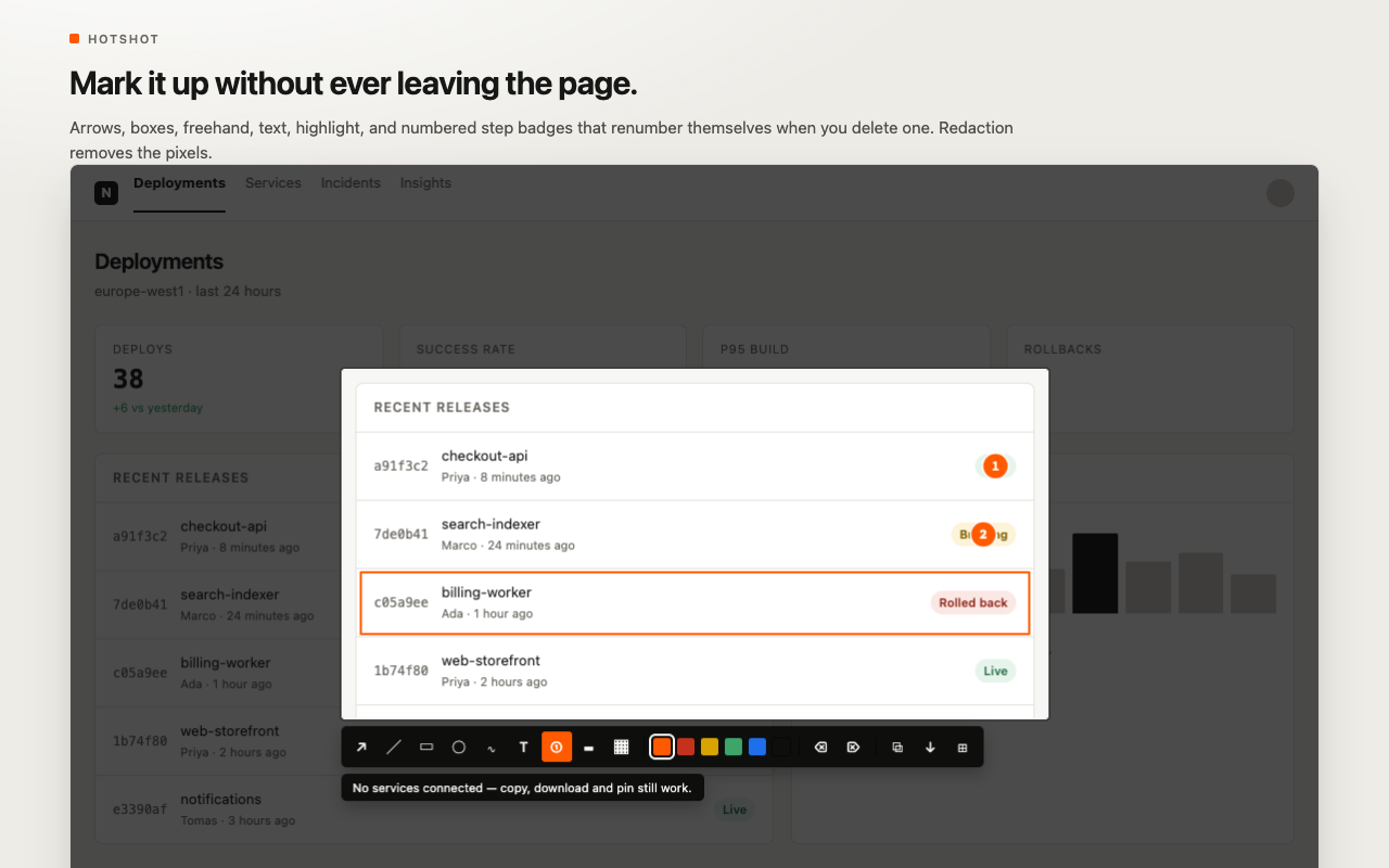 Hotshot on-page markup arrows boxes and true pixel redaction