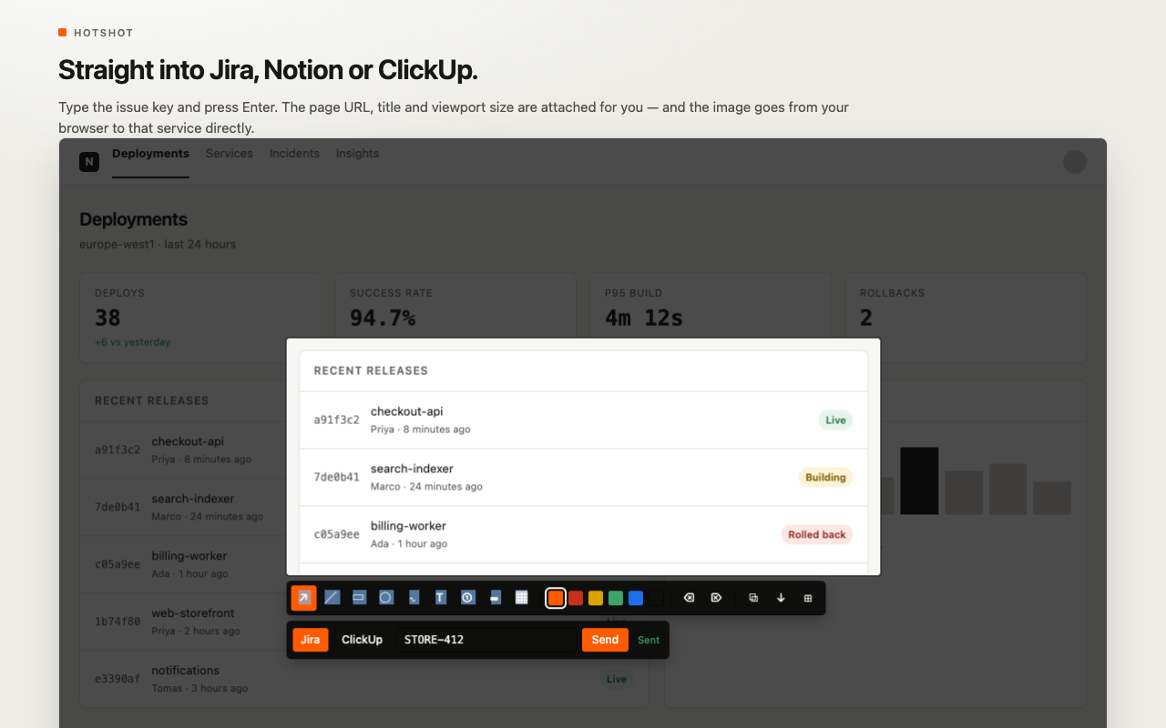 Hotshot direct export to Jira Notion and ClickUp with metadata