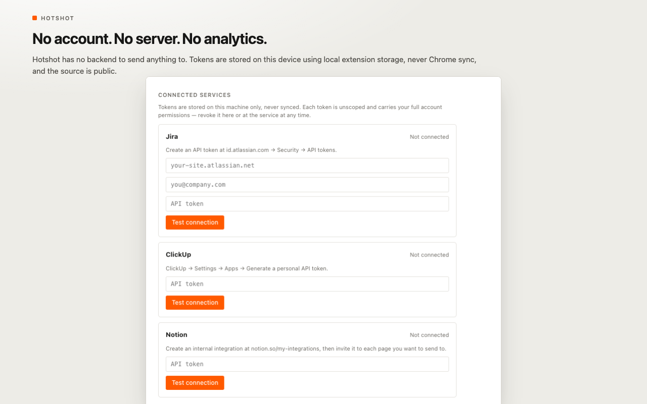 Hotshot zero backend privacy architecture storing keys strictly in local extension storage
