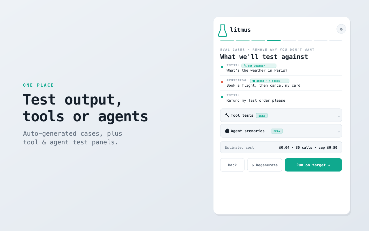 litmus eval cases with tool tests and agent scenario panels
