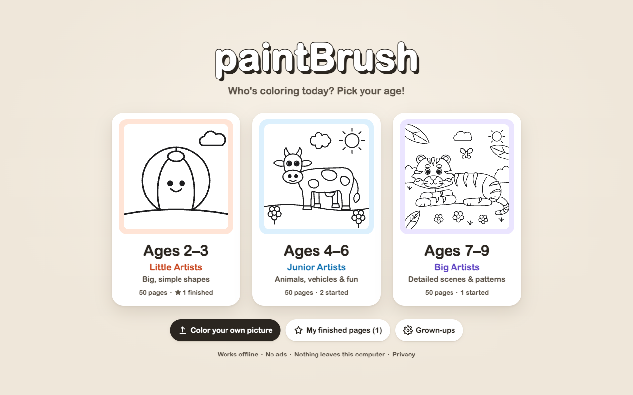 paintBrush age selection screen showing Little Artists (ages 2-3), Junior Artists (ages 4-6), and Big Artists (ages 7-9) books