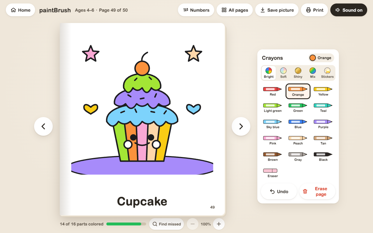 paintBrush tap to color interface showing Cupcake drawing, Bright crayon box, progress tracking, and undo