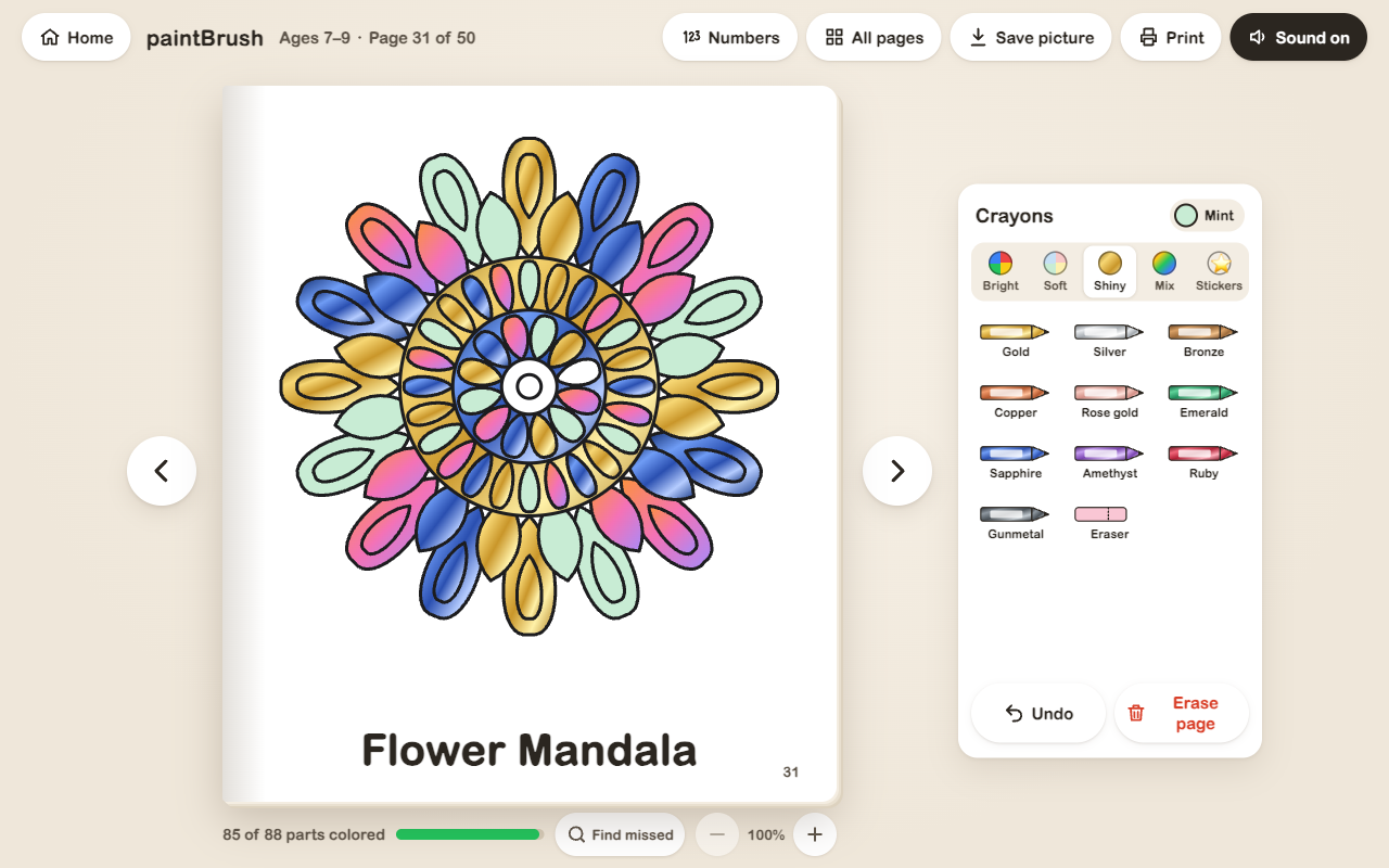 paintBrush detailed Flower Mandala coloring page for Big Artists featuring Shiny metallic crayons like Gold, Silver, and Ruby