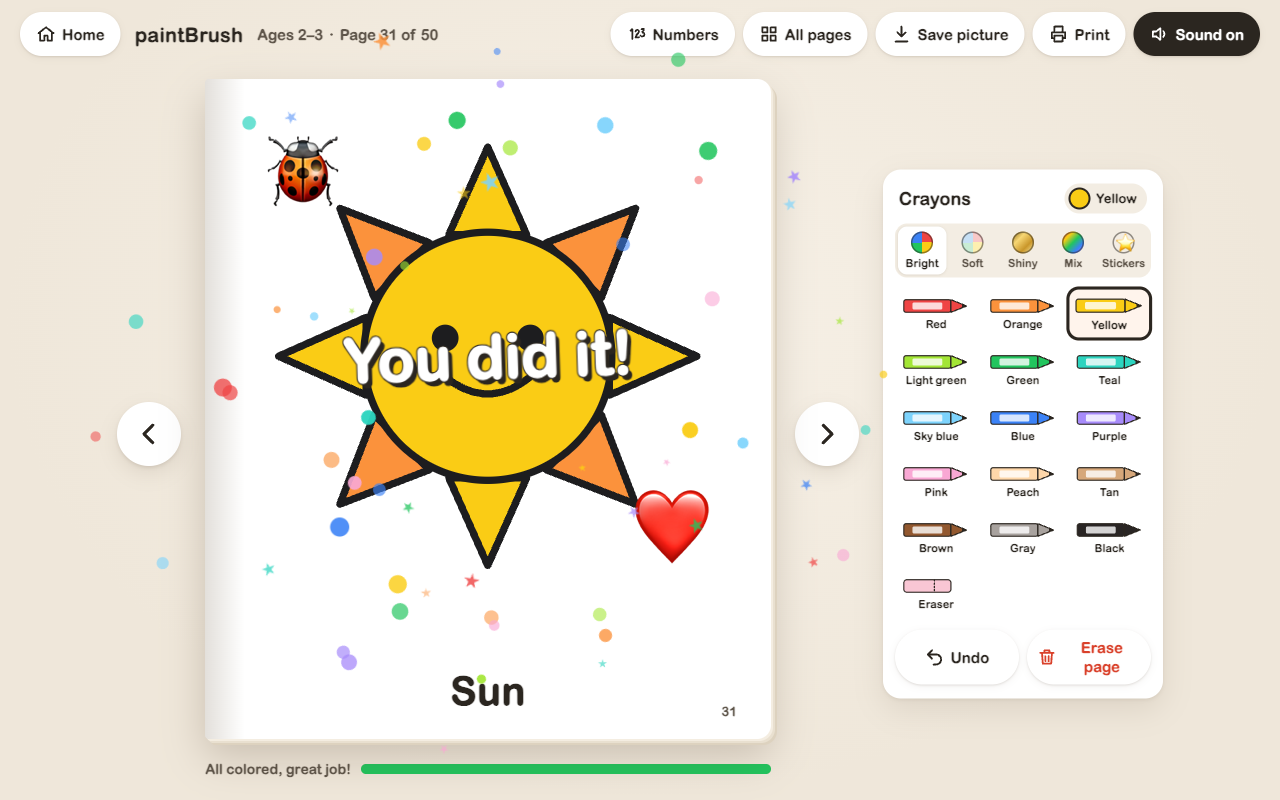 paintBrush completed page celebration showing Sun drawing, sparkly You did it! badge, stickers, and gold star