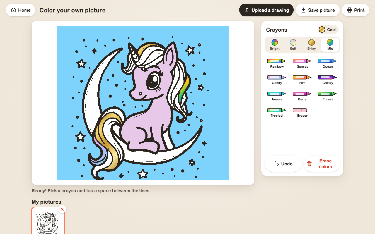 paintBrush Color Your Own Picture mode showing uploaded unicorn drawing colored with gradient Mix crayons