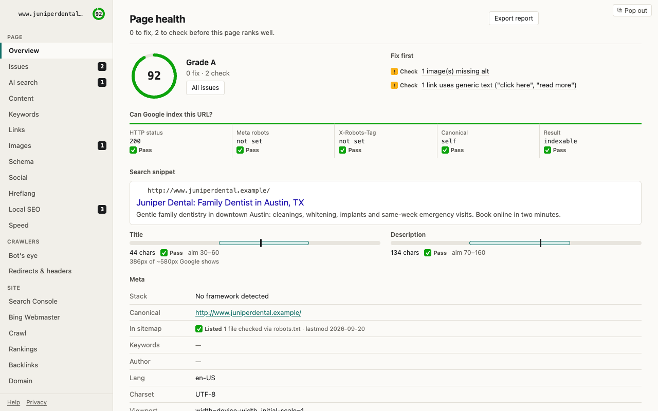 Refract SEO page health audit view with indexability status, meta checks, and report export