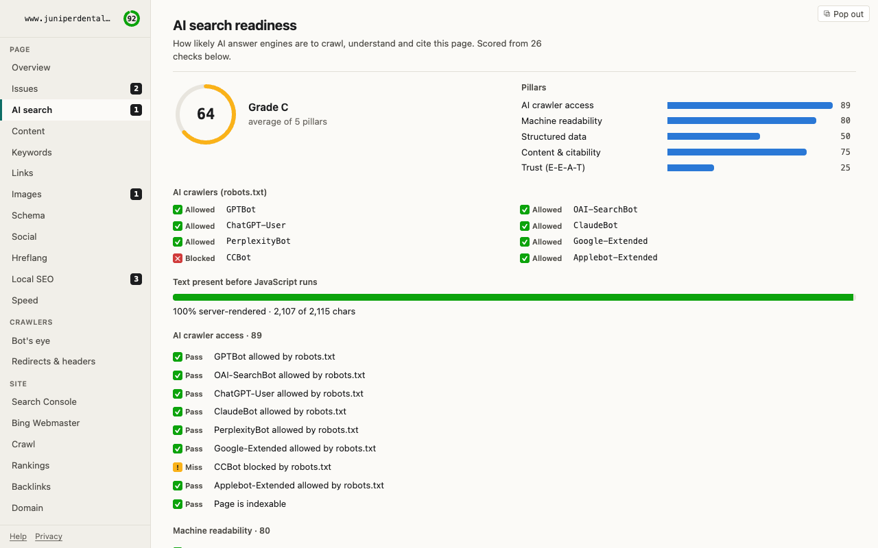 Refract SEO AI search readiness evaluation scored across 26 crawler and citation signals