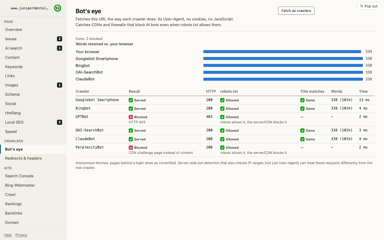 Refract SEO Bot's Eye view simulating Googlebot Bingbot and GPTBot crawler requests