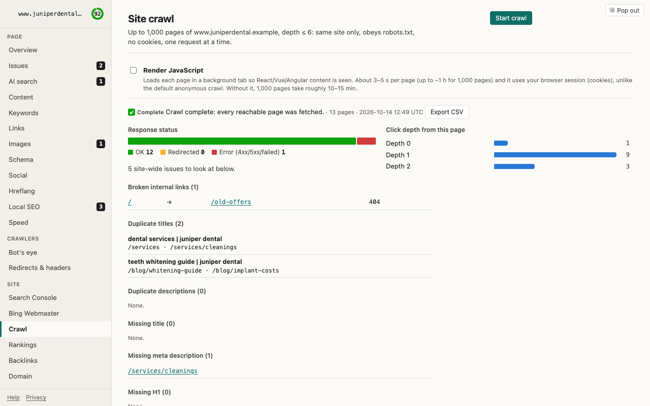 Refract SEO site crawler dashboard showing crawl progress status distribution and issue breakdown