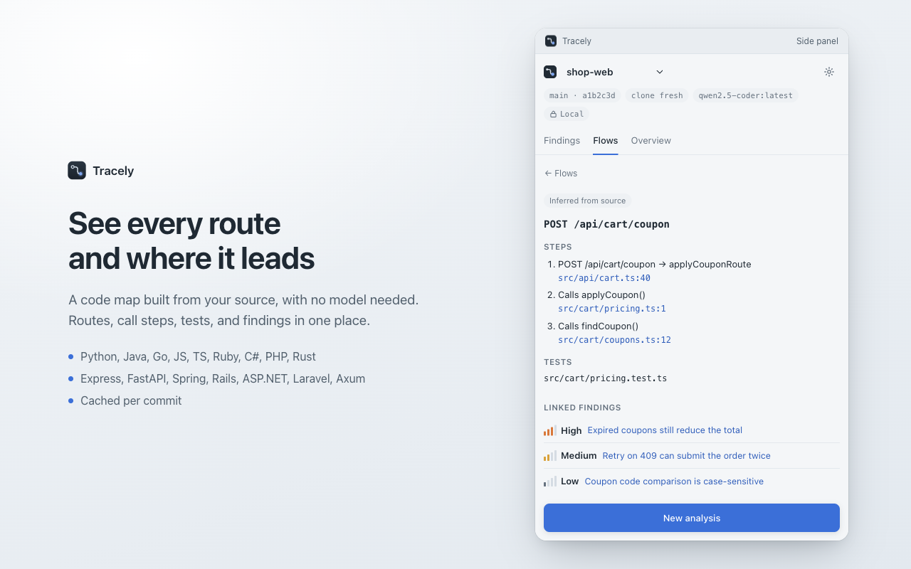 Tracely branch and repo risk scanner running built-in and Semgrep rules